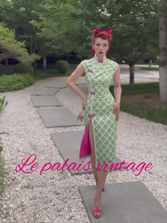 Le Palais Vintage Original High Neck Short Sleeve Floral Print Chinese Style Dress-ANDY.