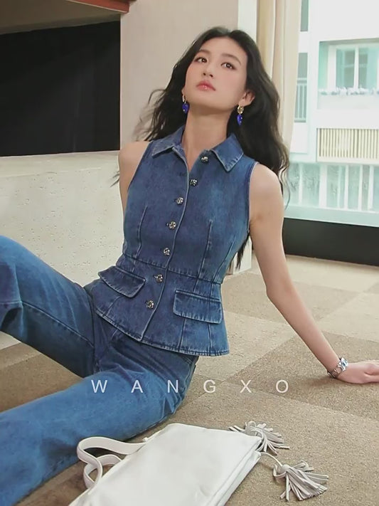 WANGXO | Airy Linen Cotton Blend Retro Denim Vest & Wide-Leg Pants Set  ZARA
