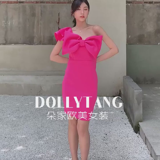 DOLLY Elegant French Style Pink Off Shoulder Big Bow Short Dinner Dress-JOMA