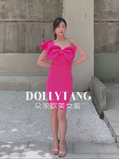 DOLLY Elegant French Style Pink Off Shoulder Big Bow Short Dinner Dress-JOMA