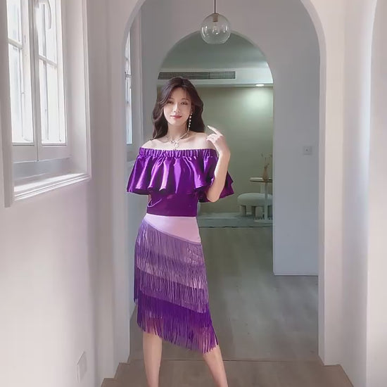 DOLLY Elegant Purple Satin Ruffle Of Shoulder Top+ Gradient Tassel Skirt-ZAYN
