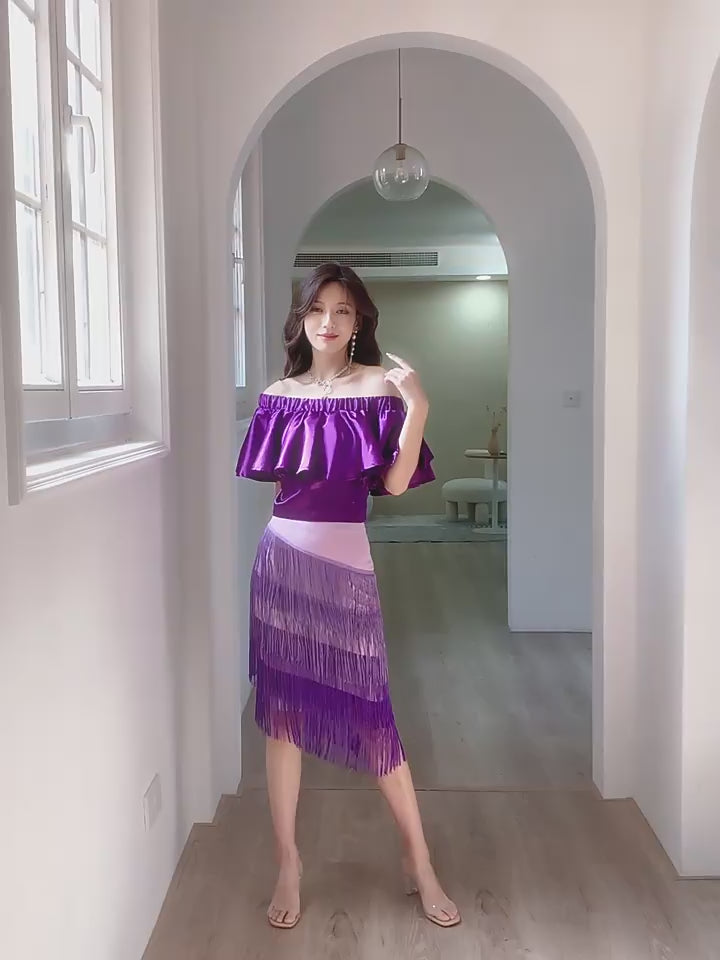 DOLLY Elegant Purple Satin Ruffle Of Shoulder Top+ Gradient Tassel Skirt-ZAYN
