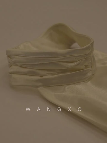 WANGXO | Pearl Lustrous Luxury Gilt Satin  Halterneck Folded Waist Top & High-Waisted Umbrella Skirt Set - ARIA