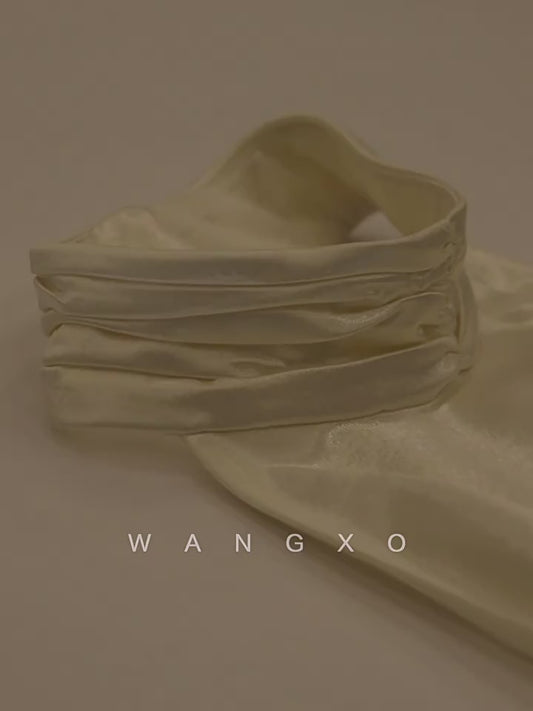 WANGXO | Pearl Lustrous Luxury Gilt Satin  Halterneck Folded Waist Top & High-Waisted Umbrella Skirt Set - ARIA