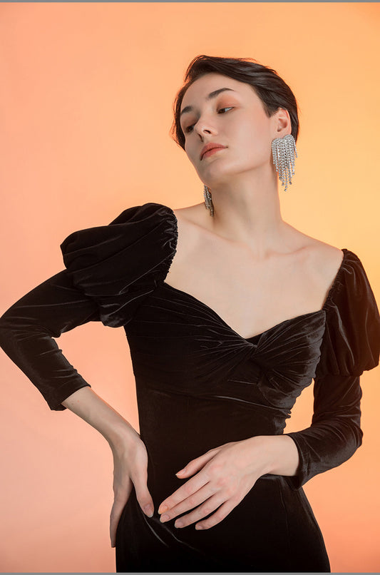 GOUDIN women's long sleeve velvet front slit long dress- RIVER.