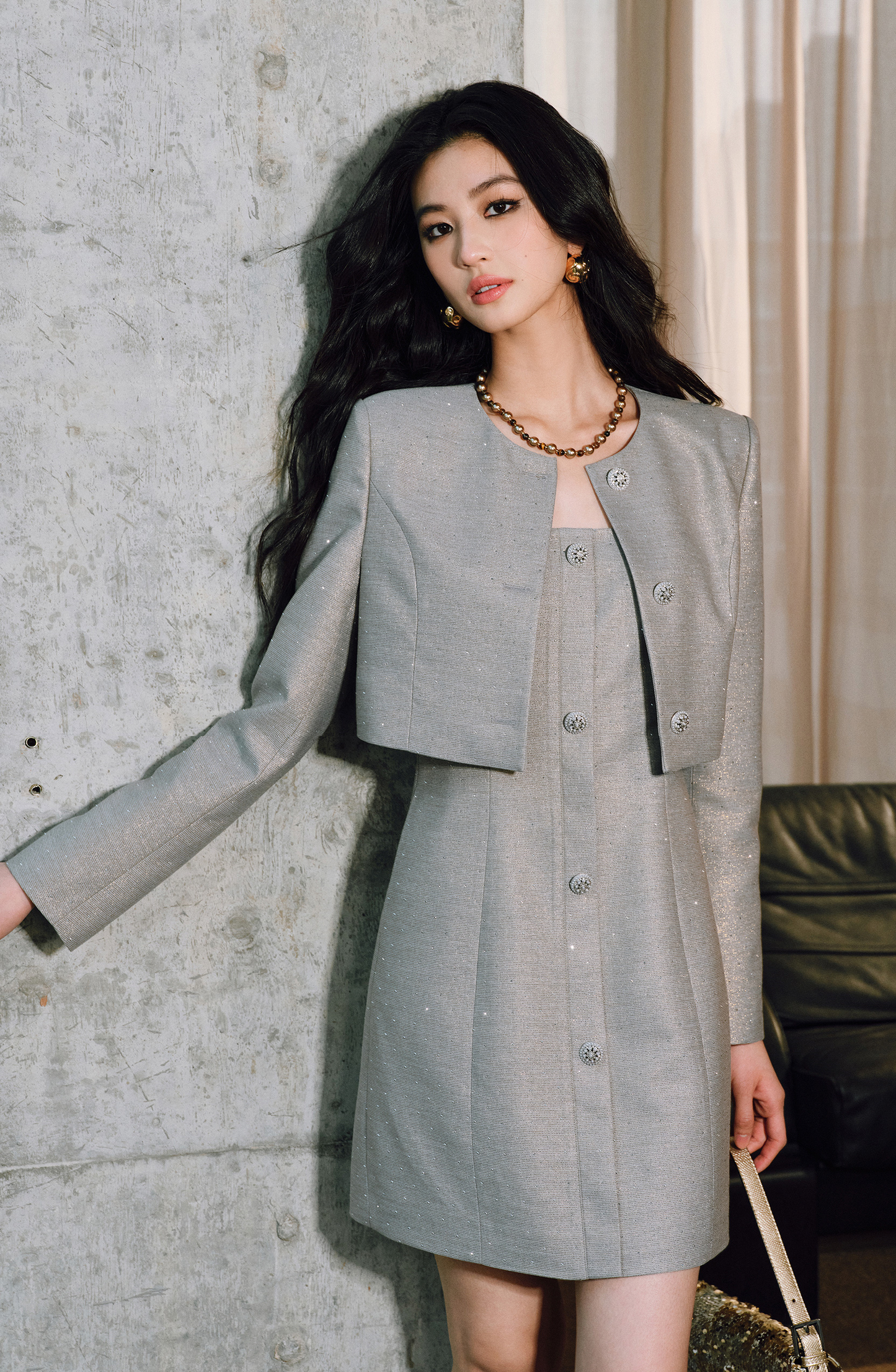 WANGXO | Luxury Silver Silk Galaxy Hot Diamond Shoulder Box Coat & Flowing Slip Dress Set -VÉRA