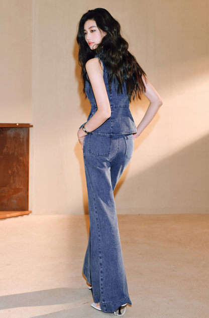 WANGXO Denim Suit Waist-Cinched Vest & Retro Flared Pants - VIOLA