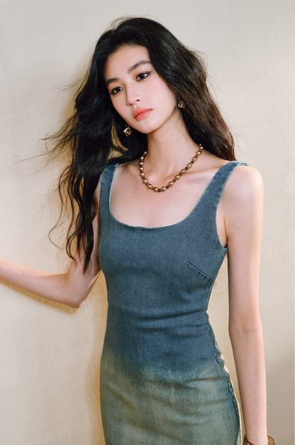WANGXO | Shu Rou Denim Sand-Fried U-Neck Waist Vest Dress - NOOR