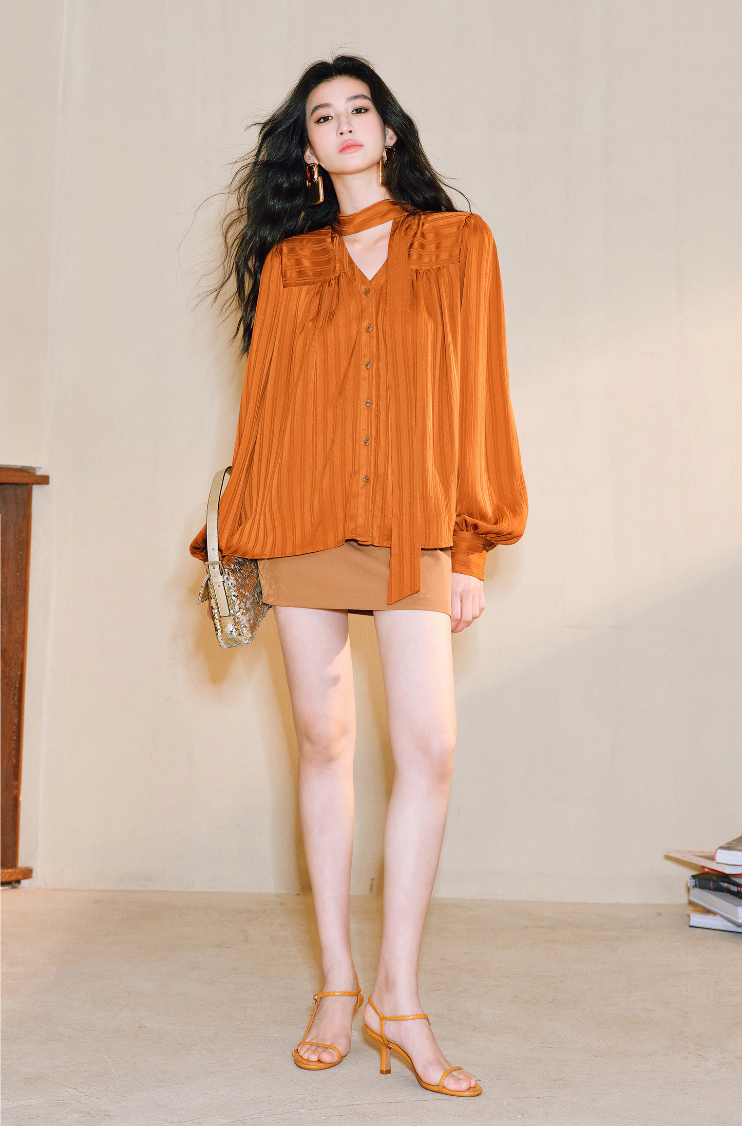 WANGXO Bright Silk Satin with 3D Drawstring Detail Temperament V-Neck - LENNA