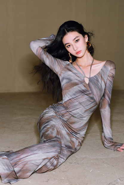 WANGXO Galaxy Muse -Starry Silver Oil-Paint  Halterneck Dress - SABLE