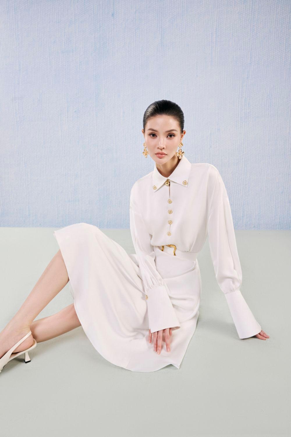 White Plan Gold Button Belted A-Line Cuff Long Sleeved Silk Blend Midi Dress - Ruby L / Dress White Plan Gold Button Belted A-Line Cuff Long Sleeved Silk Blend Midi Dress - Ruby L / Dress