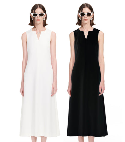 YES BY YESIR | Ye Qians Y-Shaped Metal Snake Accent Deconstructed V-Neck Midi Dress -SABRINA.