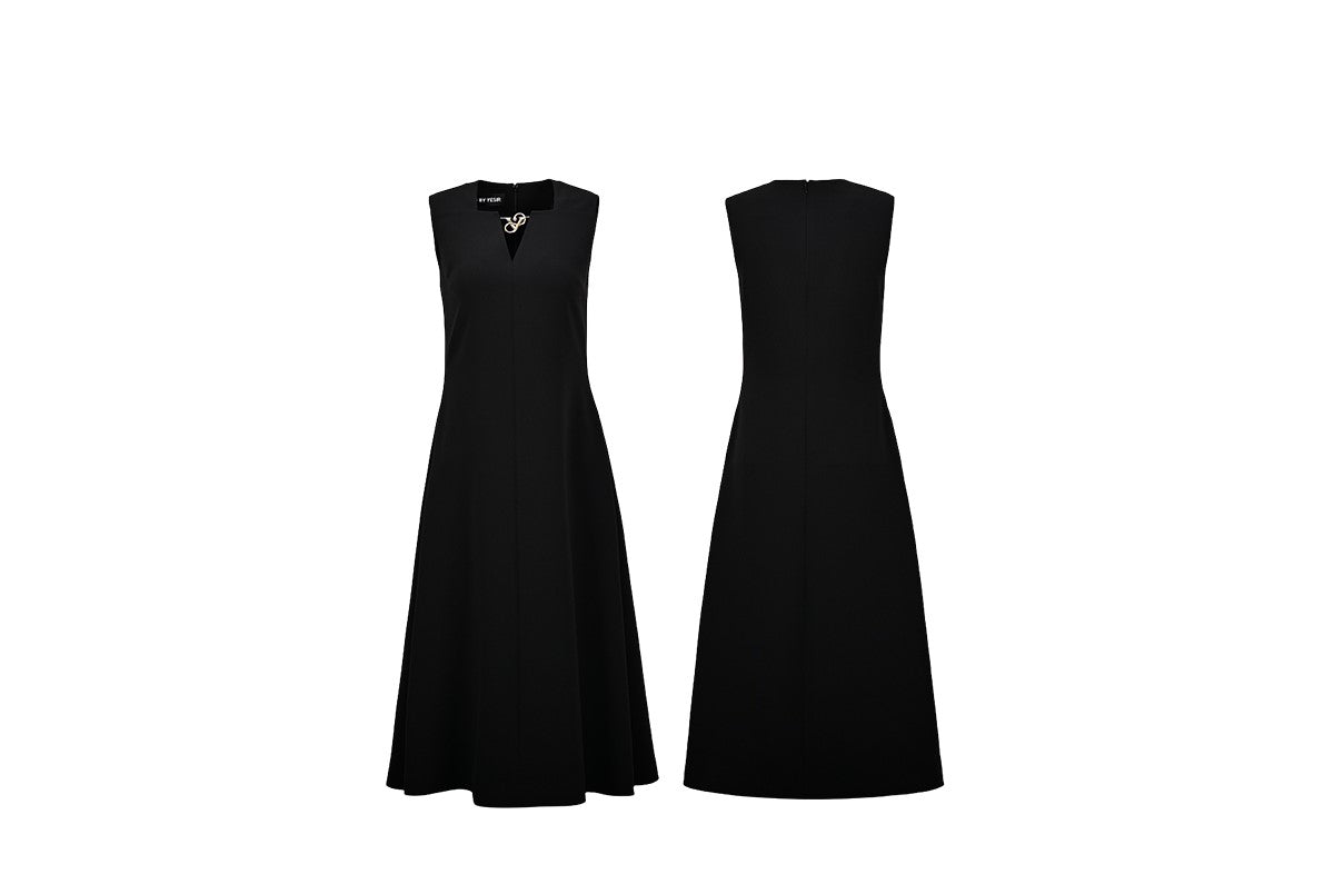 YES BY YESIR | Ye Qians Y-Shaped Metal Snake Accent Deconstructed V-Neck Midi Dress -SABRINA.