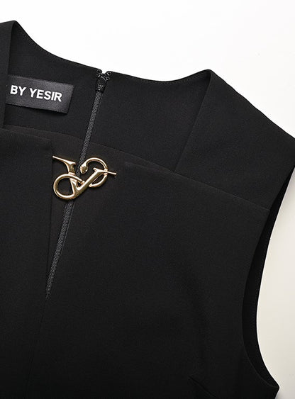 YES BY YESIR | Ye Qians Y-Shaped Metal Snake Accent Deconstructed V-Neck Midi Dress -SABRINA.