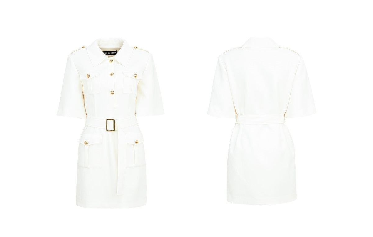 YES BY YESIR |  Luxury Military-Inspired Short Sleeve Short Dress - SELVINA.