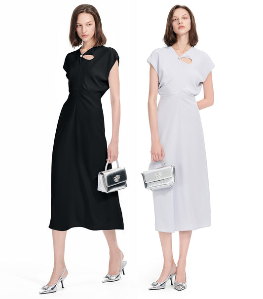 YES BY YESIR | Ye Qians Luxe Deconstructed Collar Long Dress with Quietly Cinched Waistline -SELENIA.