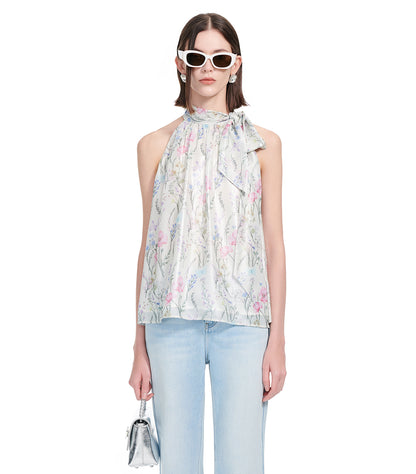 YES BY YESIR | Ye Qians Sprinkled Silver Floral Lace-Up Top with Dreamlike Garden Detail -SERENITA