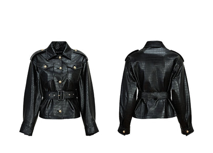 YES BY YESIR Crocodile leather short black jacket and skirt Set - SHIVER.