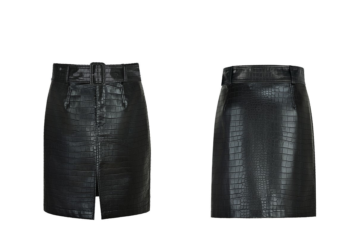 YES BY YESIR Crocodile leather short black jacket and skirt Set - SHIVER.