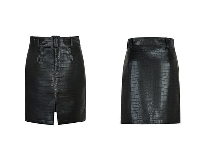 YES BY YESIR Crocodile leather short black jacket and skirt Set - SHIVER.