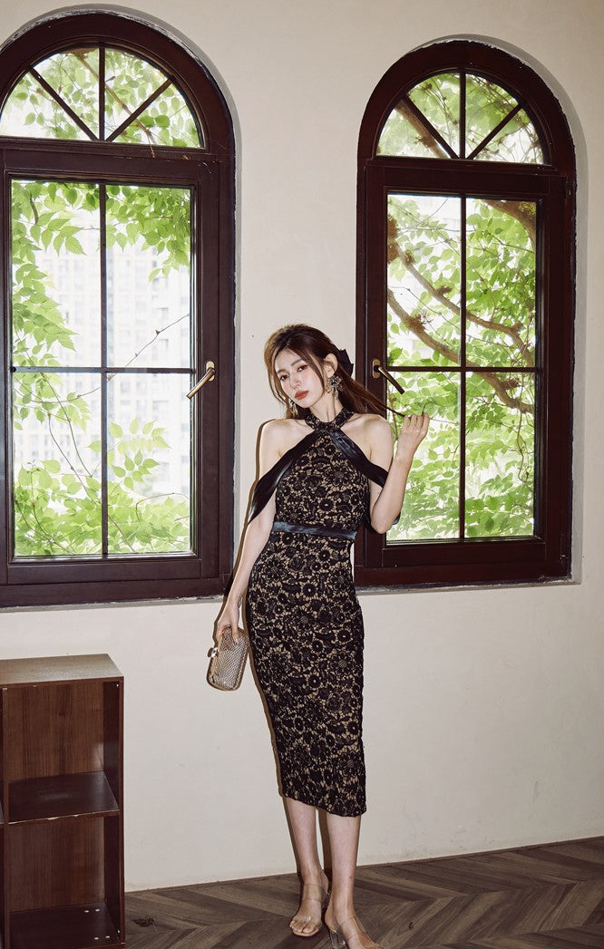 DOLLY Luxury Black Lace Sleeveless Halter Neck Slim Fit Midi Formal Dinner Dress-ANGELA