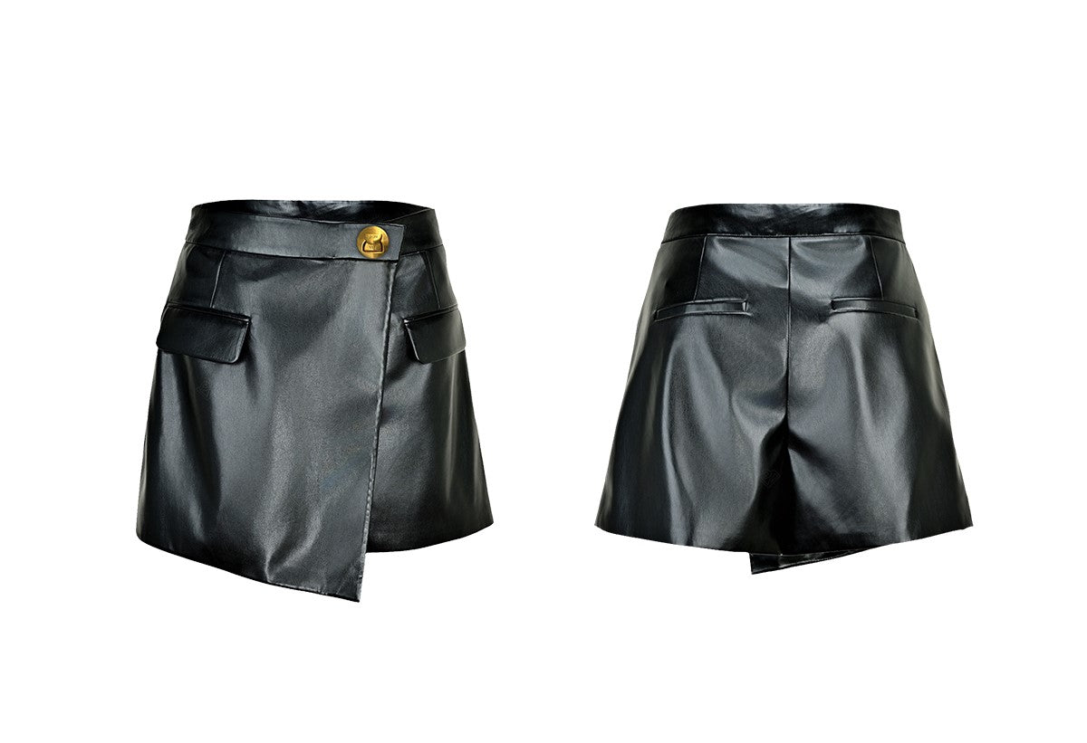 YES BY YESIR  leather splicing asymmetrical knight shorts - SPINE.