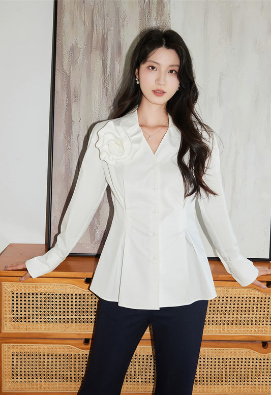 YES BY YESIR  three-dimensional flower long-sleeved v neck shirt - TERIAL.