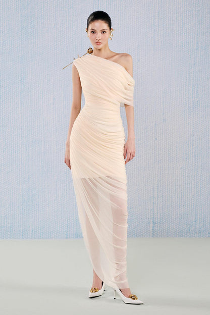 Topaz Asymmetric Gathered Viscose Floor Length Dress - Nude / S Topaz Asymmetric Gathered Viscose Floor Length Dress - Nude / S