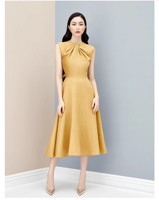 Retro vintage cocktail gold red wedding guest bridesmaid twist neckline midi dress - Gadi