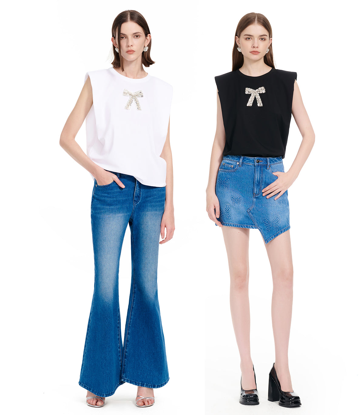YES BY YESIR | Ye Qians Full Diamond Bow Crew Neck Sleeveless T-Shirt -VERALYN.