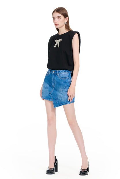 YES BY YESIR | Ye Qians Full Diamond Bow Crew Neck Sleeveless T-Shirt -VERALYN.