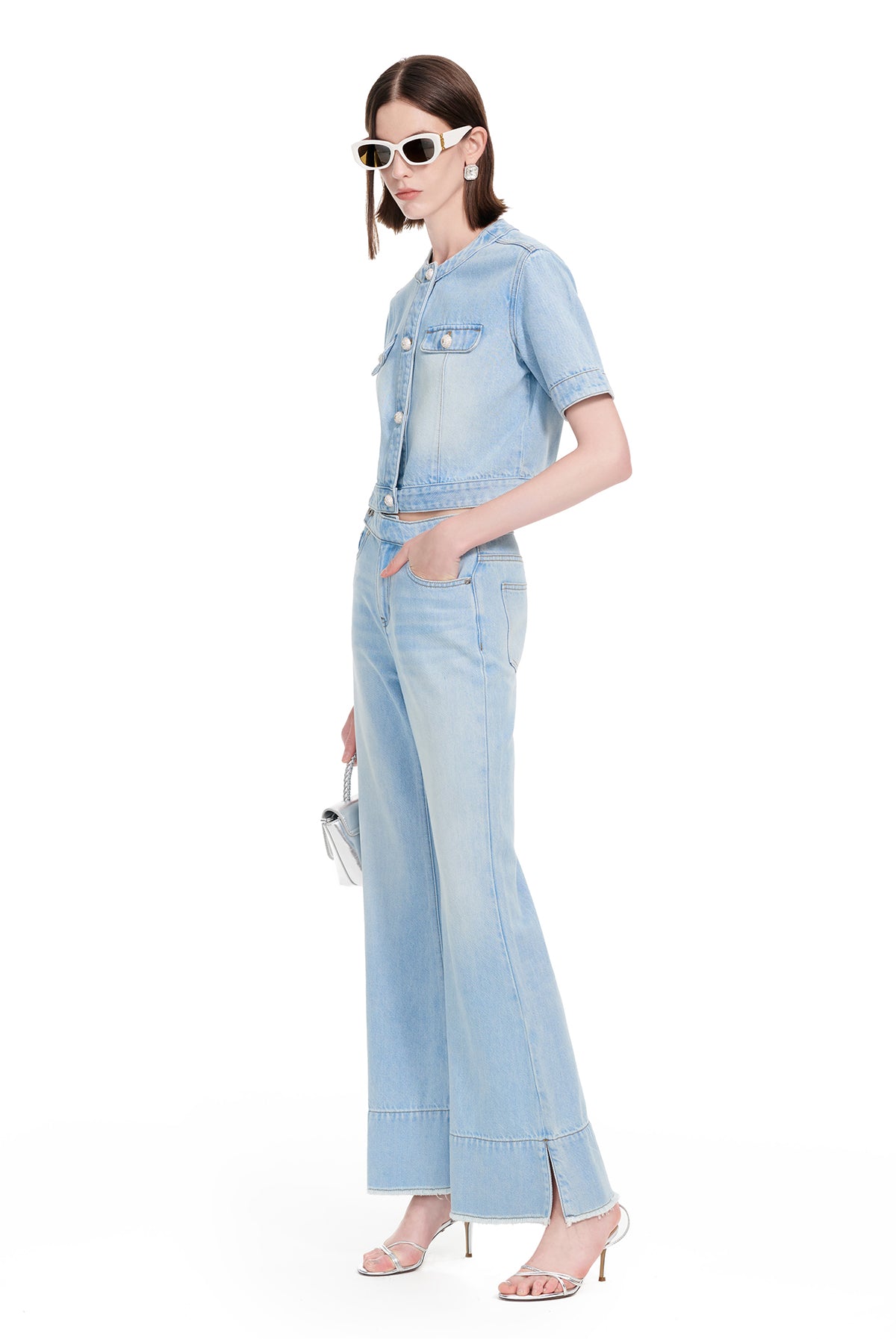 YES BY YESIR Ye Qian  Short Stand-Up Collar Denim Jacket Set -VESPERA.