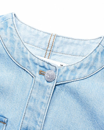 YES BY YESIR Ye Qian  Short Stand-Up Collar Denim Jacket Set -VESPERA.