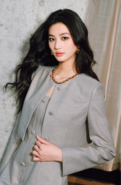 WANGXO | Luxury Silver Silk Galaxy Hot Diamond Shoulder Box Coat & Flowing Slip Dress Set -VÉRA