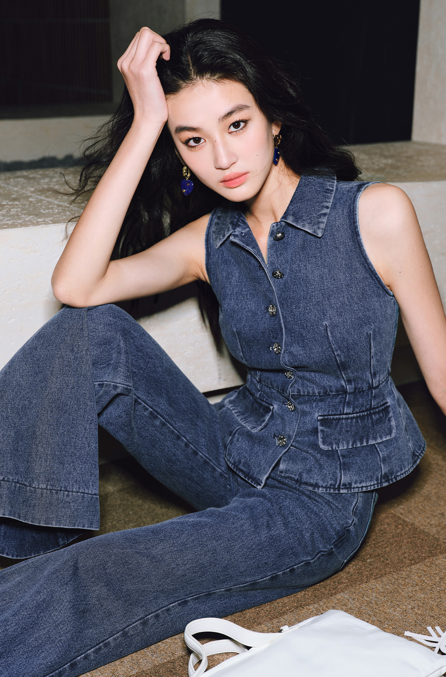 WANGXO Denim Suit Waist-Cinched Vest & Retro Flared Pants - VIOLA