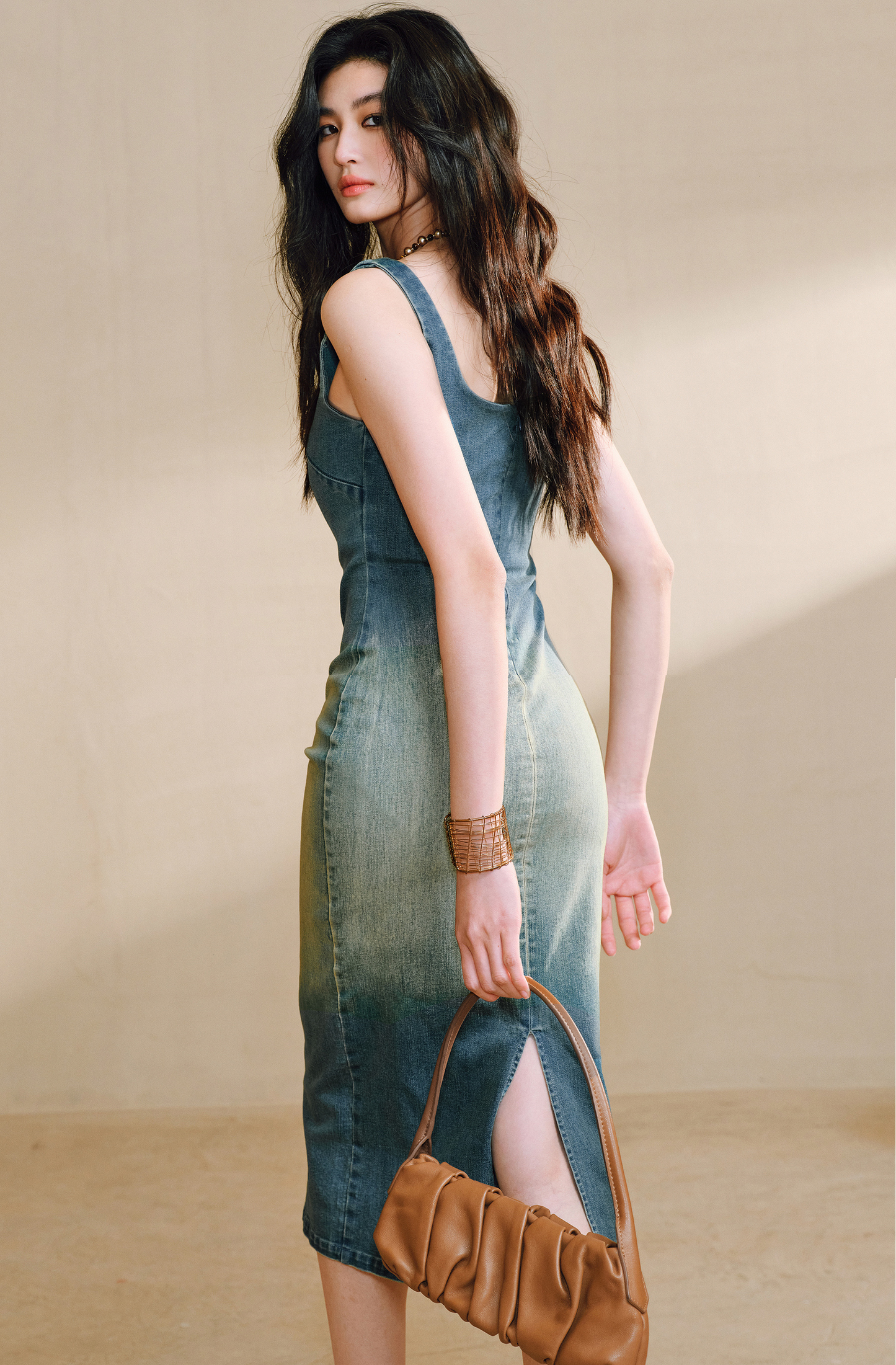WANGXO | Shu Rou Denim Sand-Fried U-Neck Waist Vest Dress - NOOR