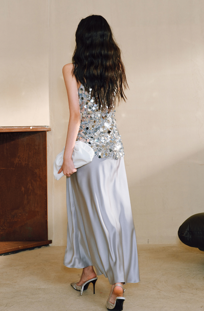 WANGXO Mirage Sundress Heavy Industry Double-Sided Satin Pleats Two-Piece - KIRAN