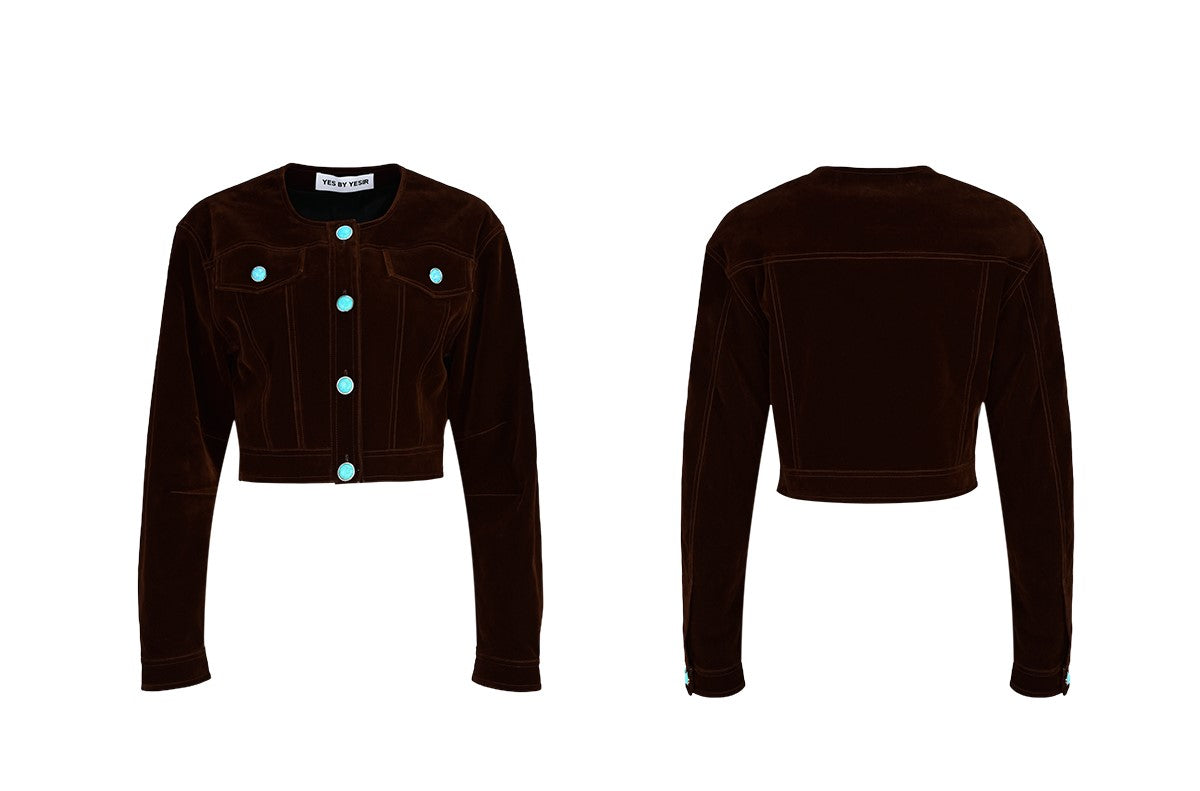 YES BY YESIR Velvet Denim Short Jacket and Skirt Set - WEST.