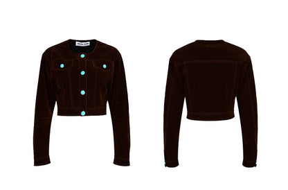 YES BY YESIR Velvet Denim Short Jacket and Skirt Set - WEST.