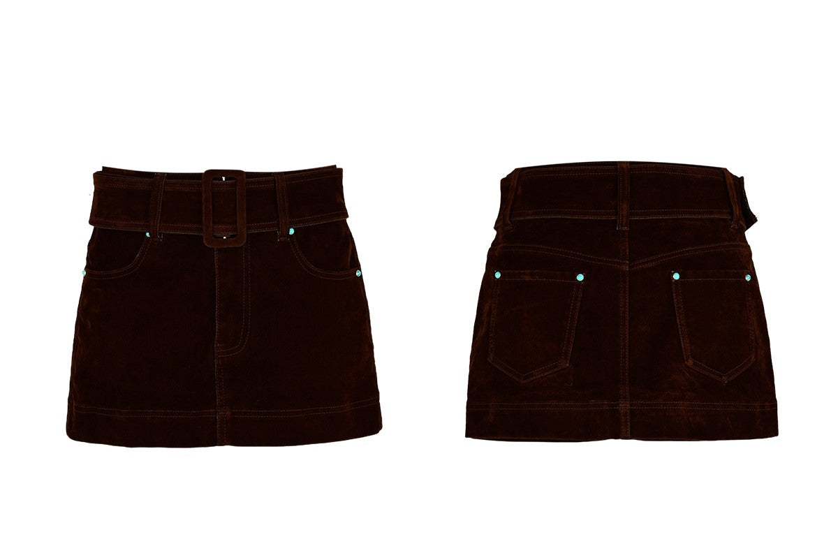 YES BY YESIR Velvet Denim Short Jacket and Skirt Set - WEST.