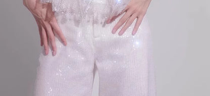 Wardrobes by Chen White sequin Strap Lace Loose Top High Waist Straight Pant-Lacey