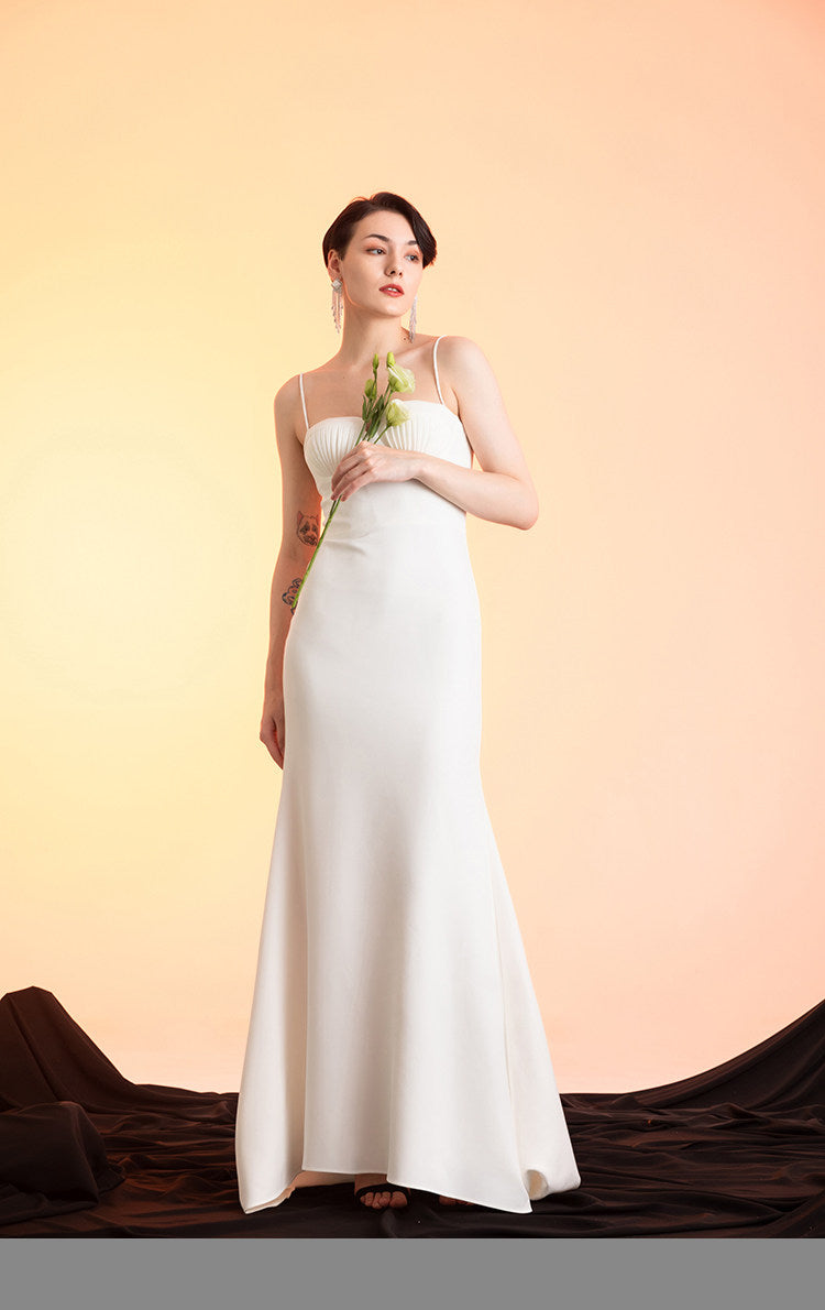 GOUDIN white long suspender slim dress high-end texture host dress-FIN.