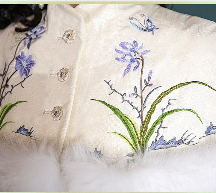 Magic Q exclusive embroidered shawl fox fur fishtail white vintage goose down jacket - iyo