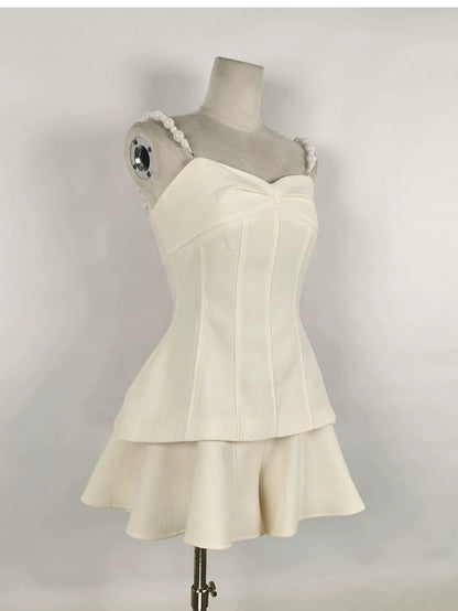 Milky beige sophisticated elegant Round Neck short cropped Coat + Shorts + Top three pieces set  - Yus
