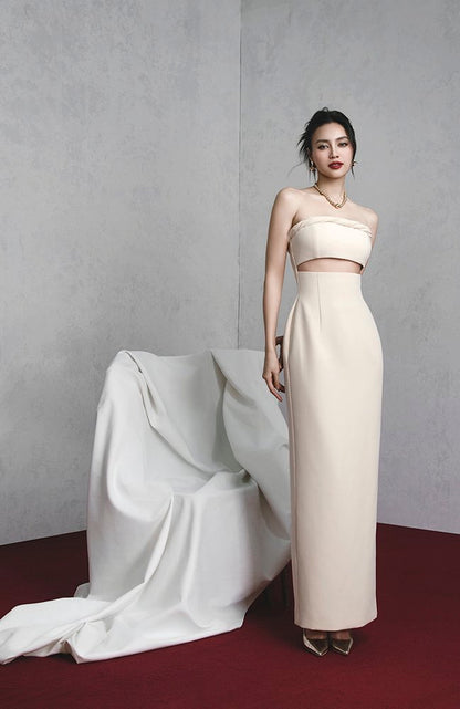 Elegant Simple Luxury Belly Cut UT Midi Evening Cocktail Dress - Darla S / Beige Tan Elegant Simple Luxury Belly Cut UT Midi Evening Cocktail Dress - Darla S / Beige Tan