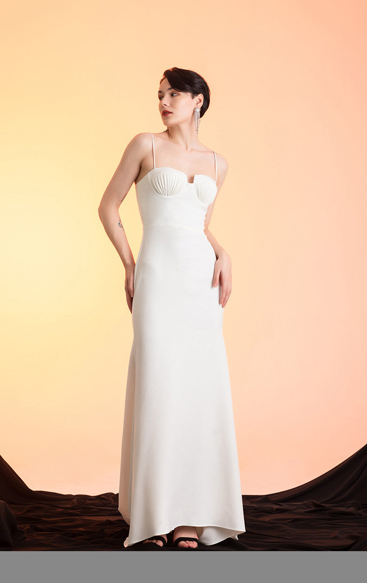GOUDIN white long suspender slim dress high-end texture host dress-FIN.