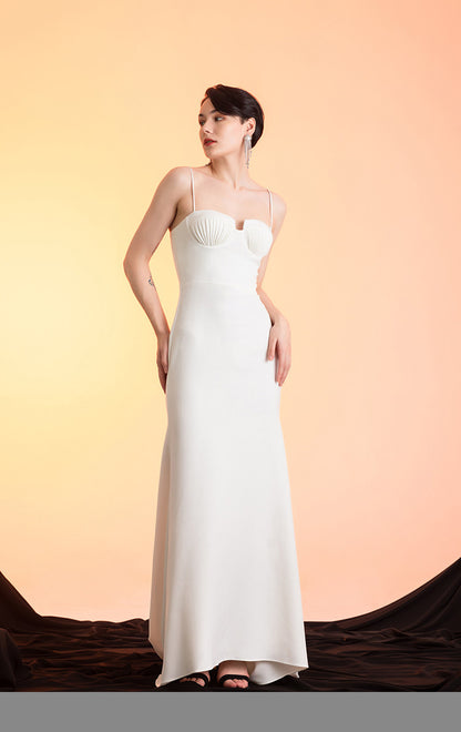 GOUDIN white long suspender slim dress high-end texture host dress-FIN.