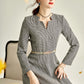 Gray autumn winter long-sleeved V-neck woolen dress- Sei