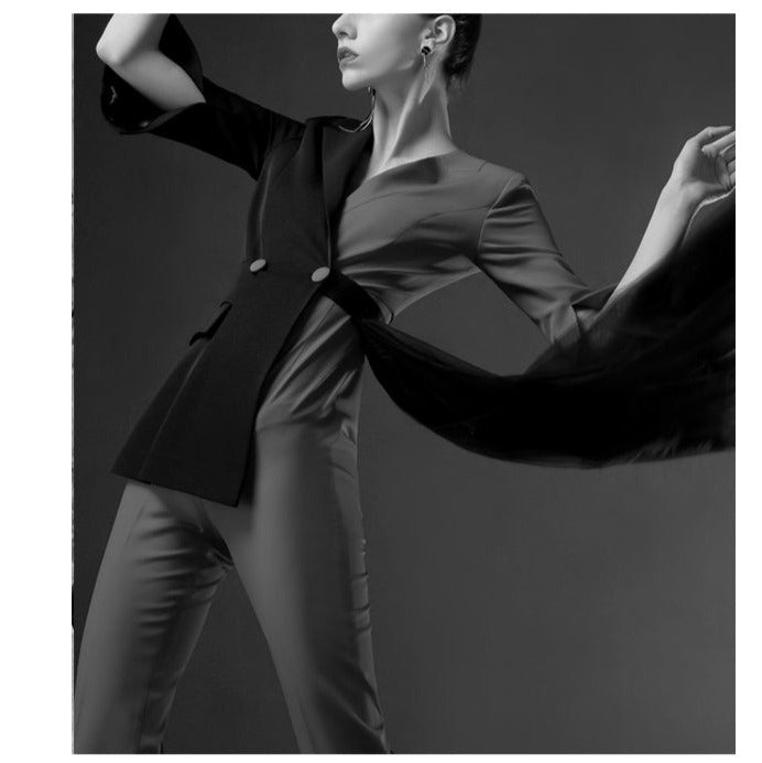 Red suit women's 2023 Spring  fake two-piece high-waisted flared jumpsuit- Cuca