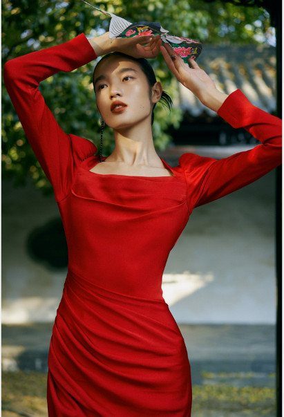 Red Long puff sleeves square collar folds slit wedding guest dress